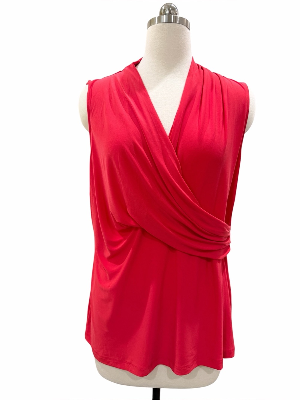 DKNY Sleeveless Surplice Faux Wrap Stretch V-Neck Draped Knit Top Red XL NEW - Picture 2 of 11